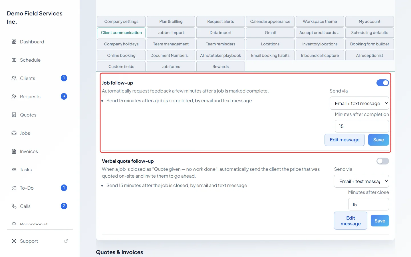 The Job follow-up settings with Send via and minutes after completion
