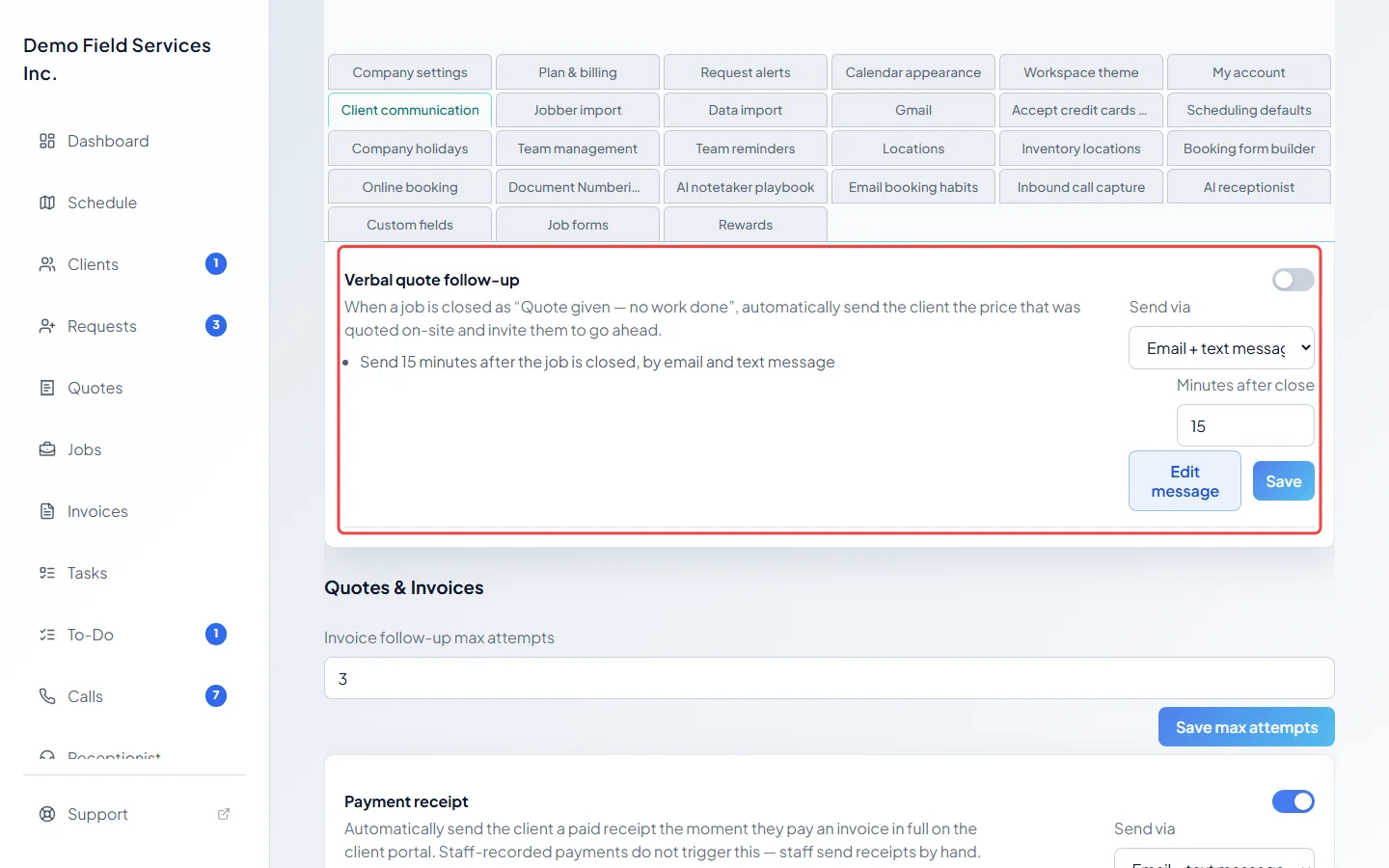 The Verbal quote follow-up settings