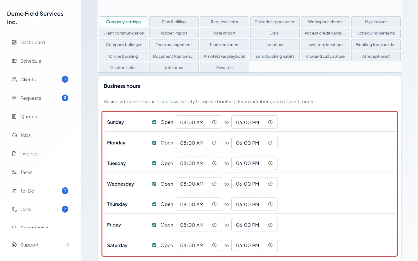The business hours in edit mode with Open boxes and times
