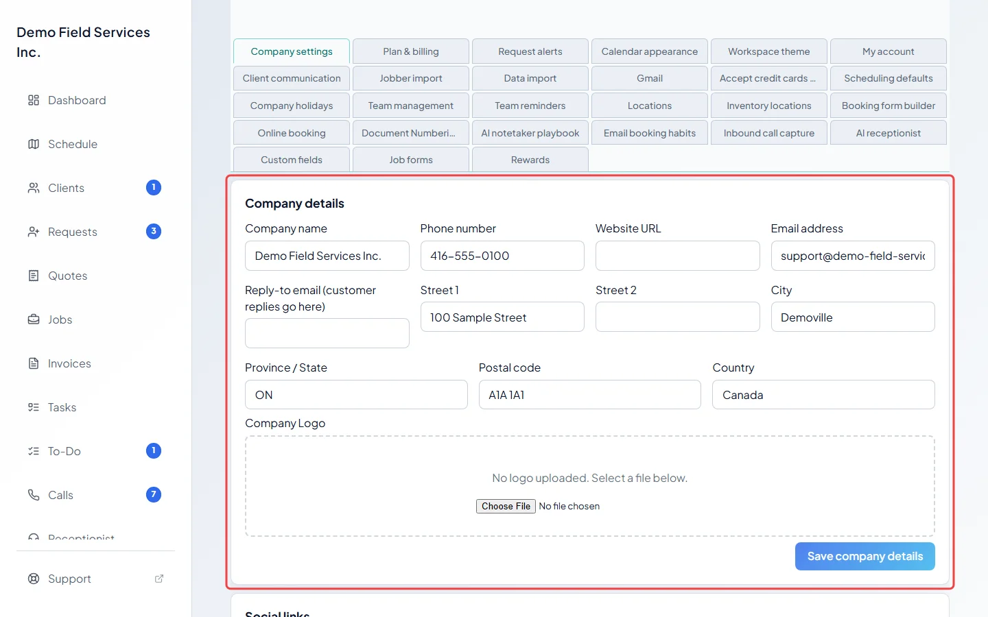 The Company details part of Company settings with its contact boxes