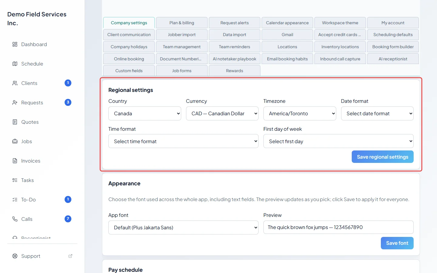 The Regional settings part with country, currency and timezone