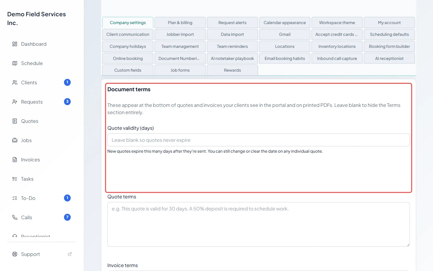 The Document terms part with the Quote validity box