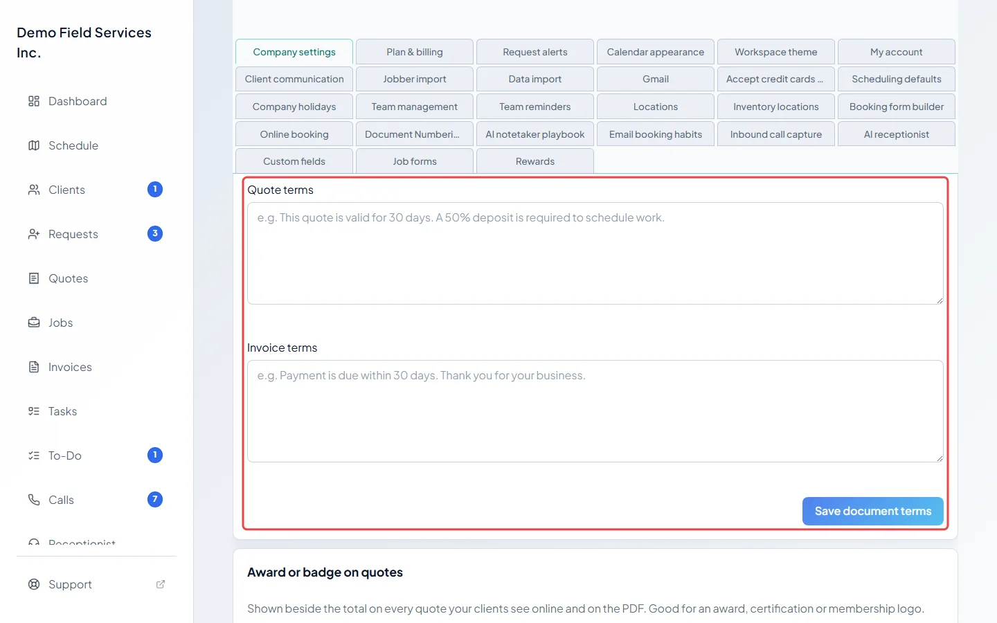 The Quote terms and Invoice terms boxes with the Save document terms button