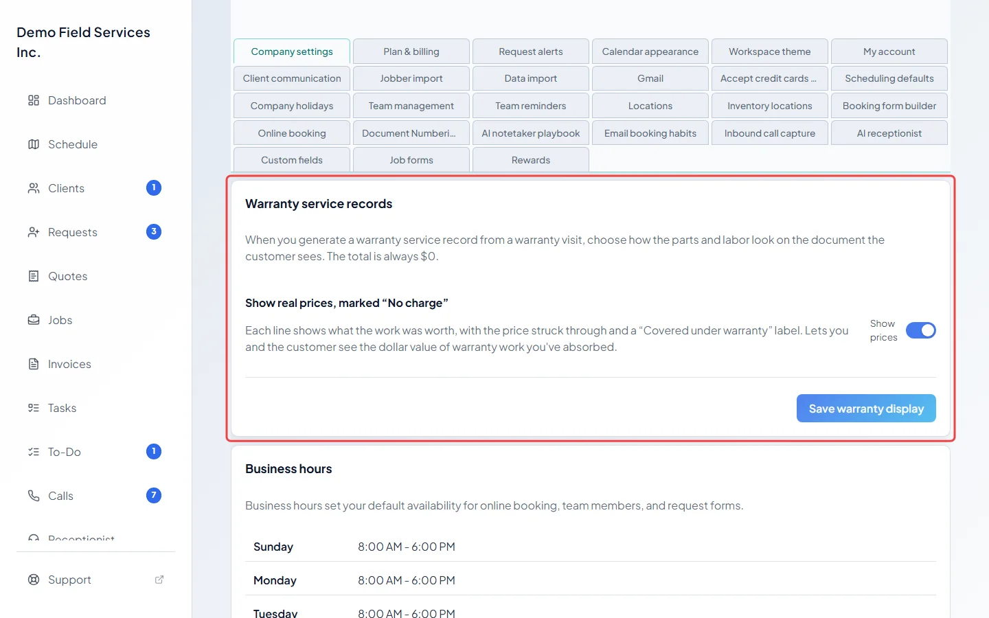 The Warranty service records part with the Show prices switch
