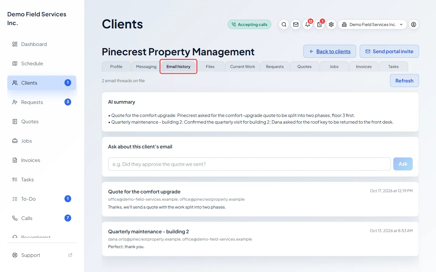 A client's Email history tab listing email conversations