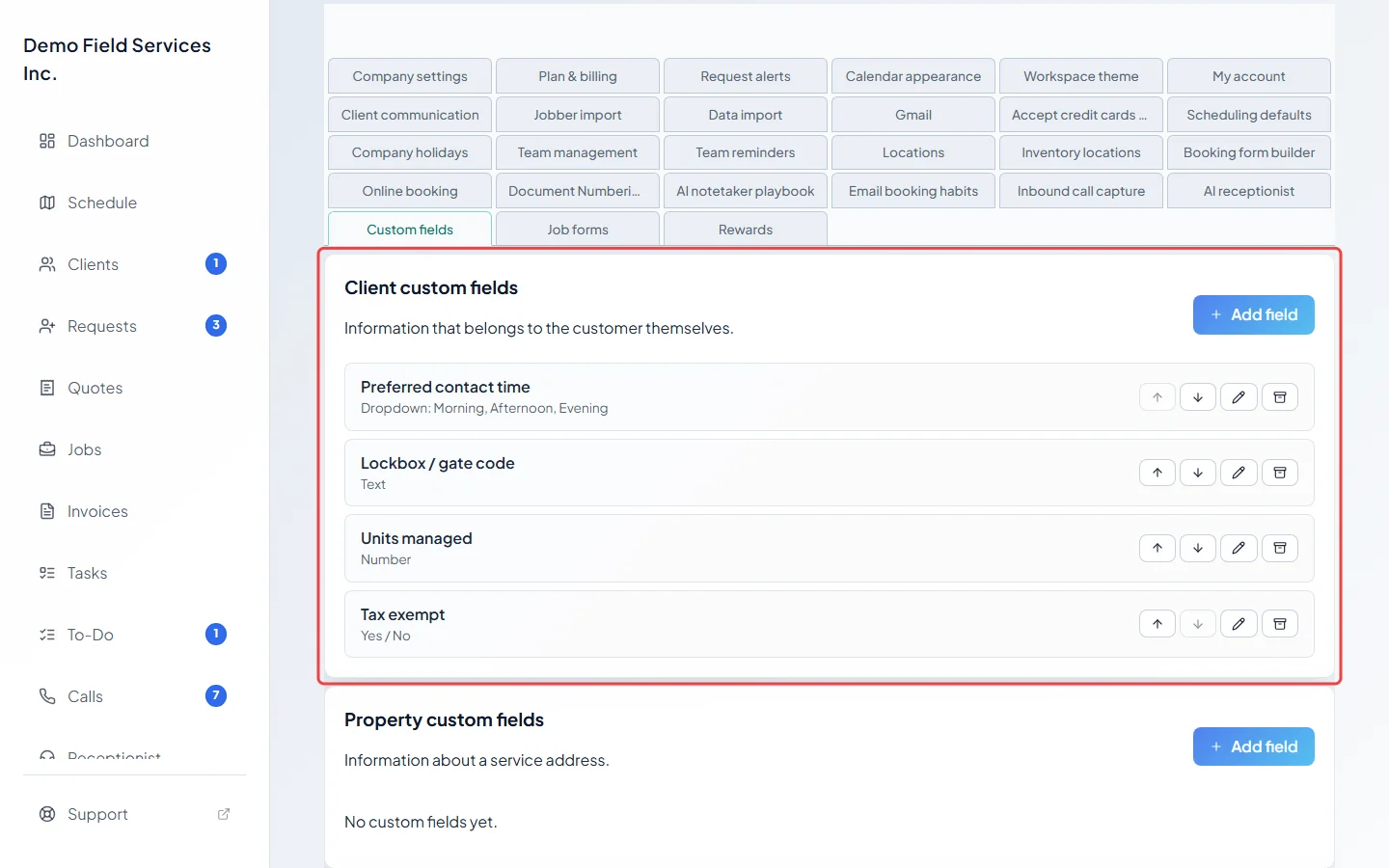 The custom fields page with the client fields card