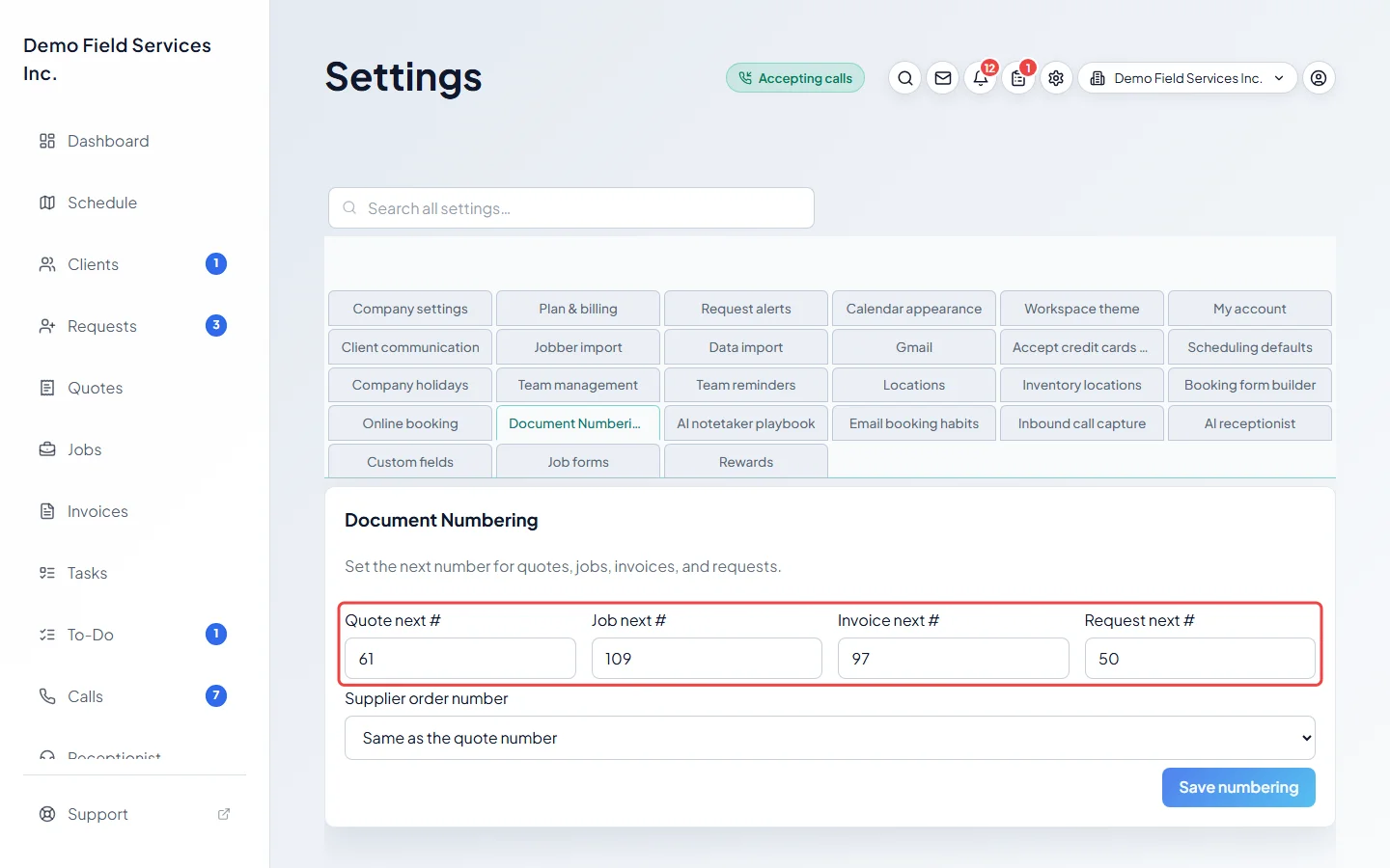The four next number boxes for quotes, jobs, invoices and requests
