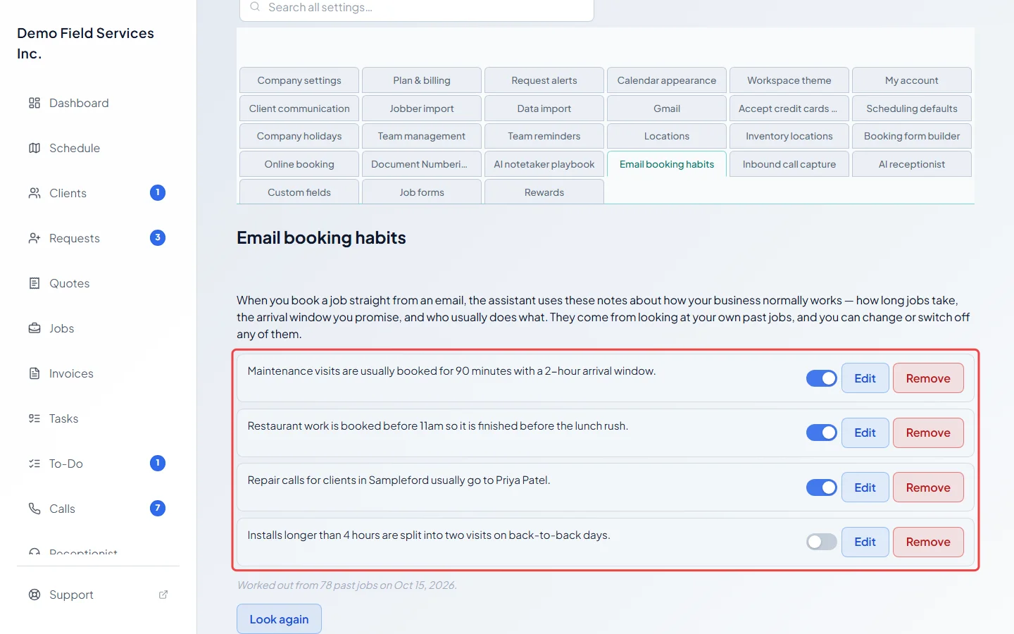 The Email booking habits section with its list of learned habits