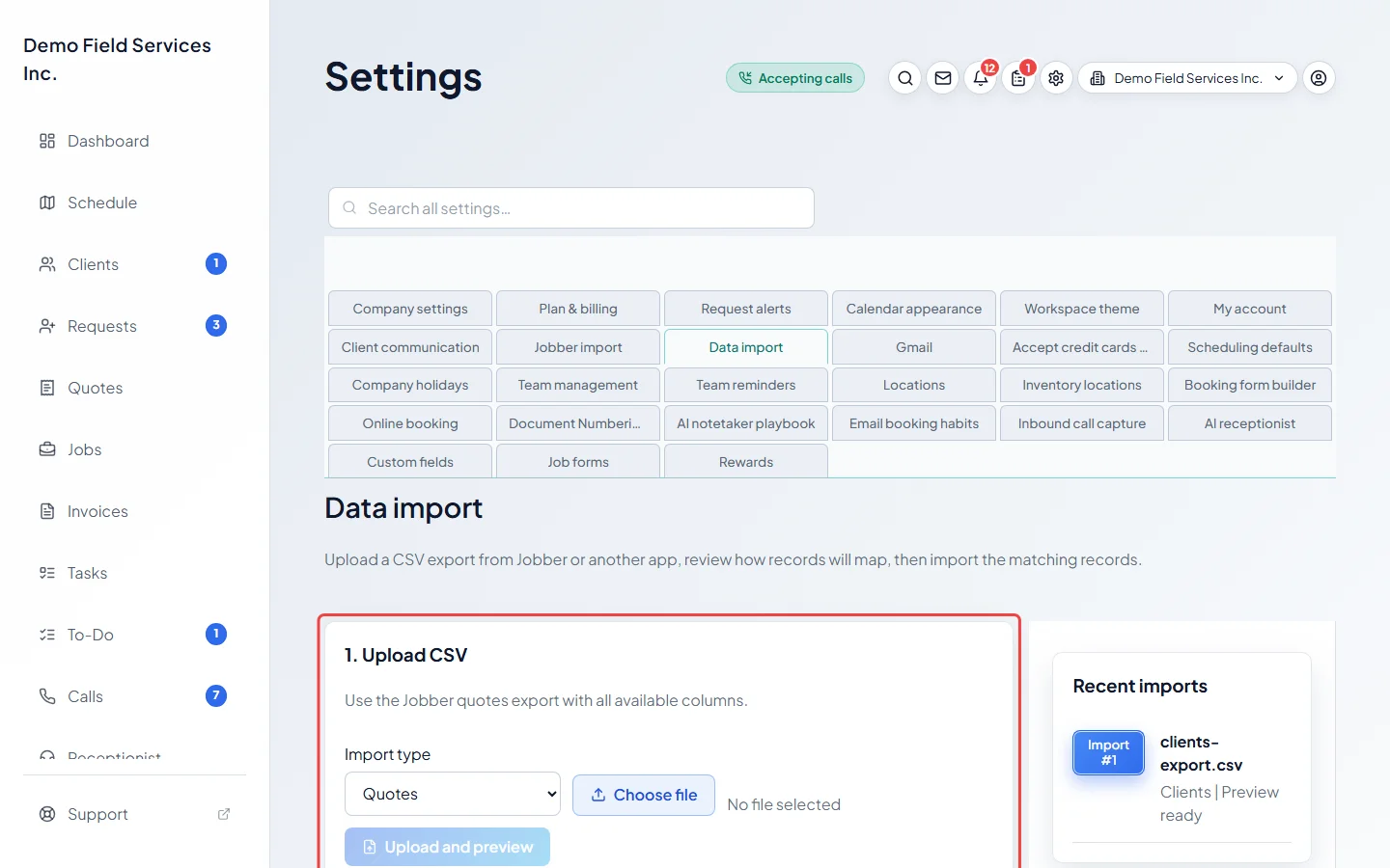 The Data import page with the Upload CSV card highlighted