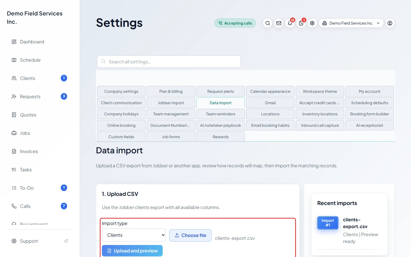 The upload box with Clients chosen and a file picked