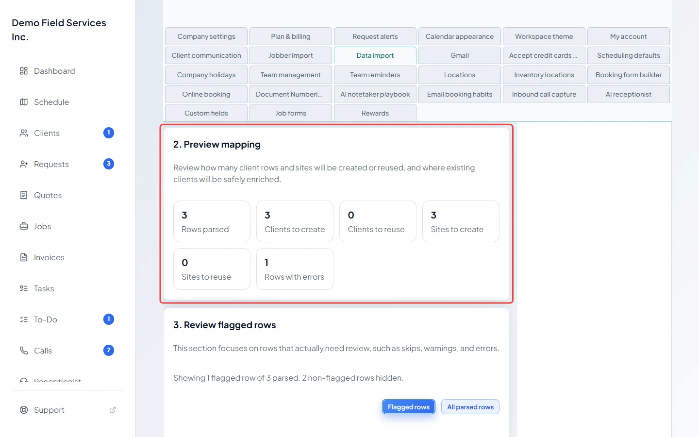 The Preview mapping card with its row and client counts