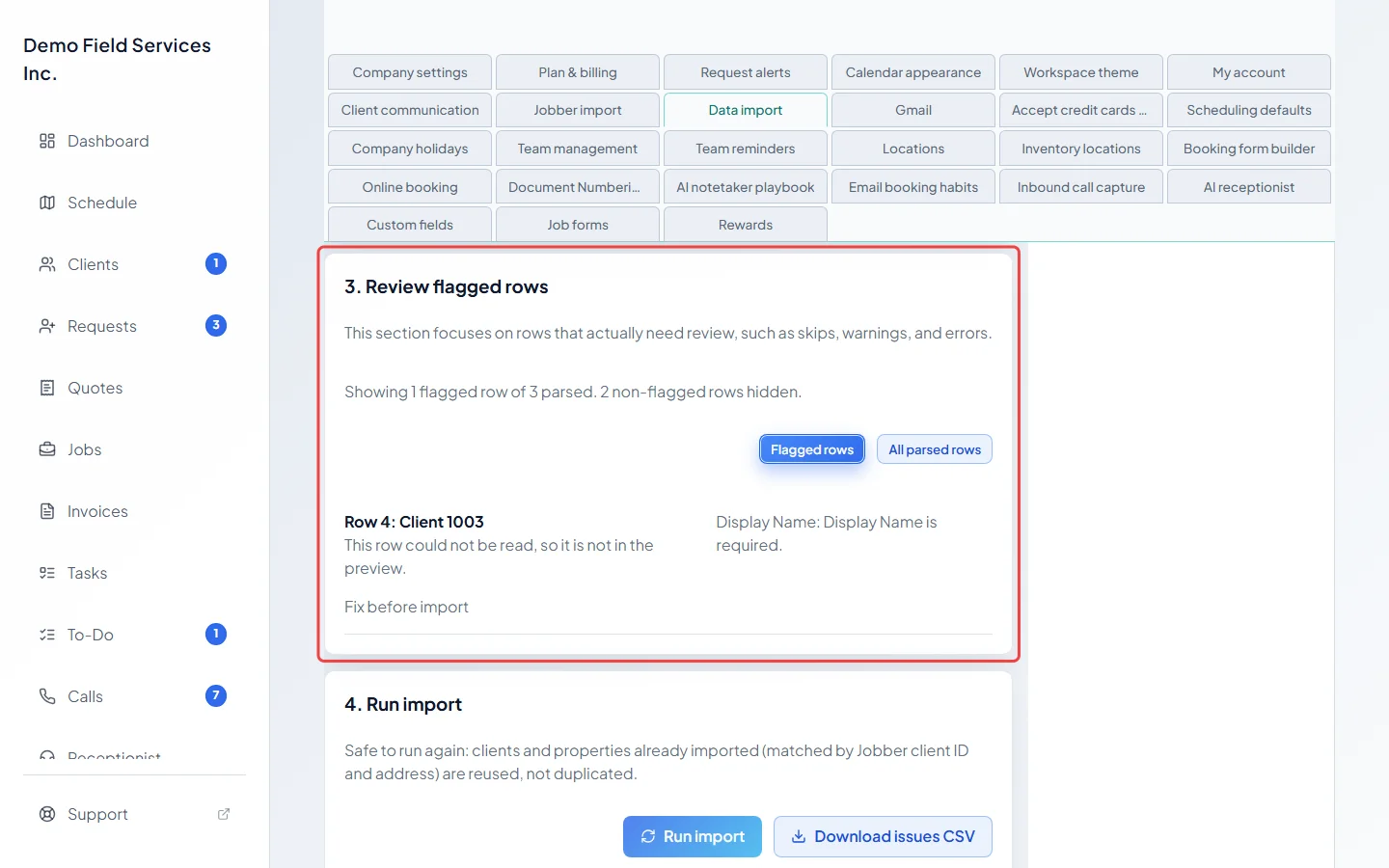 The Review flagged rows card listing a row with a problem
