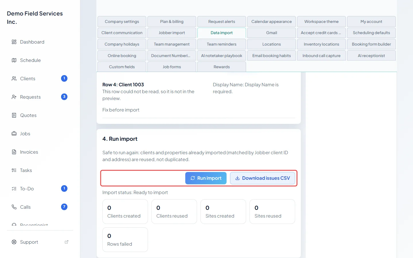 The Run import card with its Run import and Download issues CSV buttons