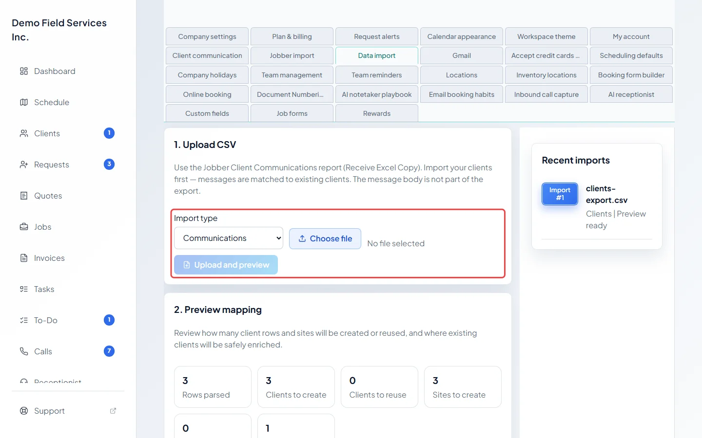 The Data import upload card with Communications chosen as the import type