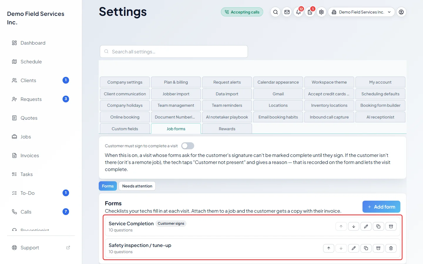 The Forms list with the Service Completion form