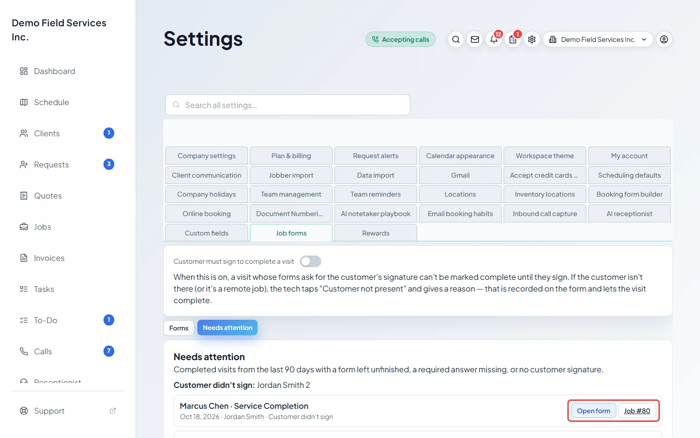 The Needs attention list with an Open form button