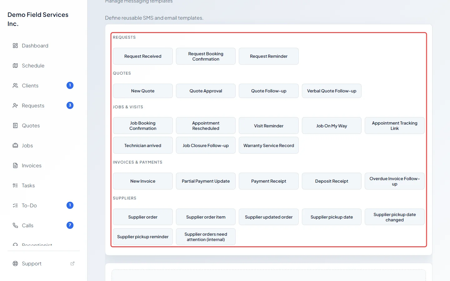 The list of message templates grouped by type