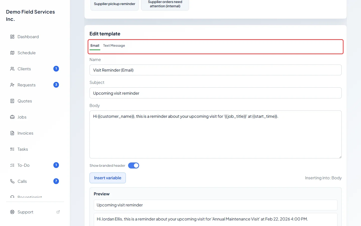 The Edit template panel with its Email and Text Message tabs