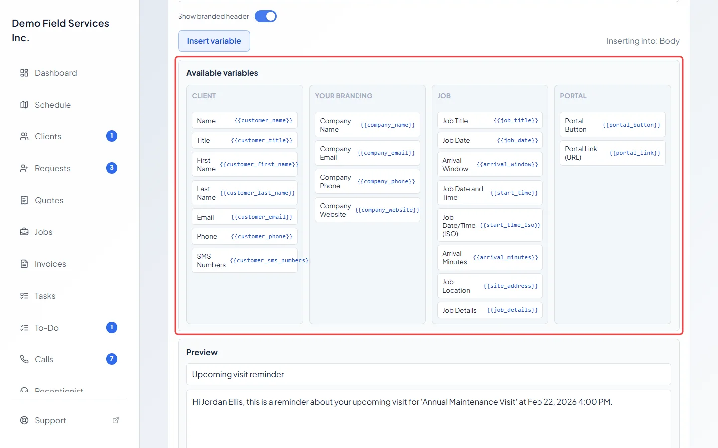 The Available variables panel open under the message