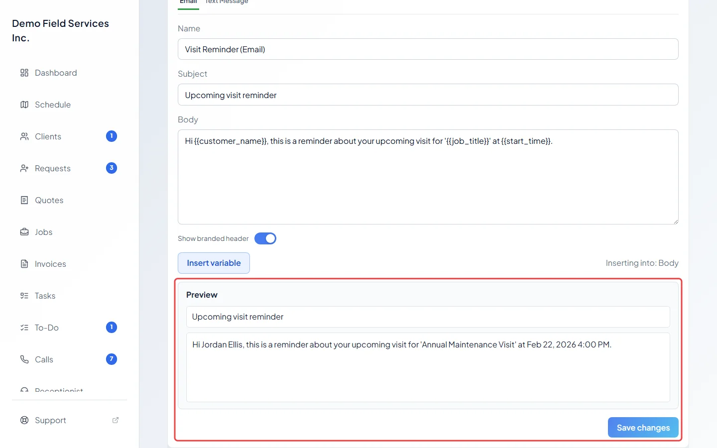 The preview of a template and the Save changes button