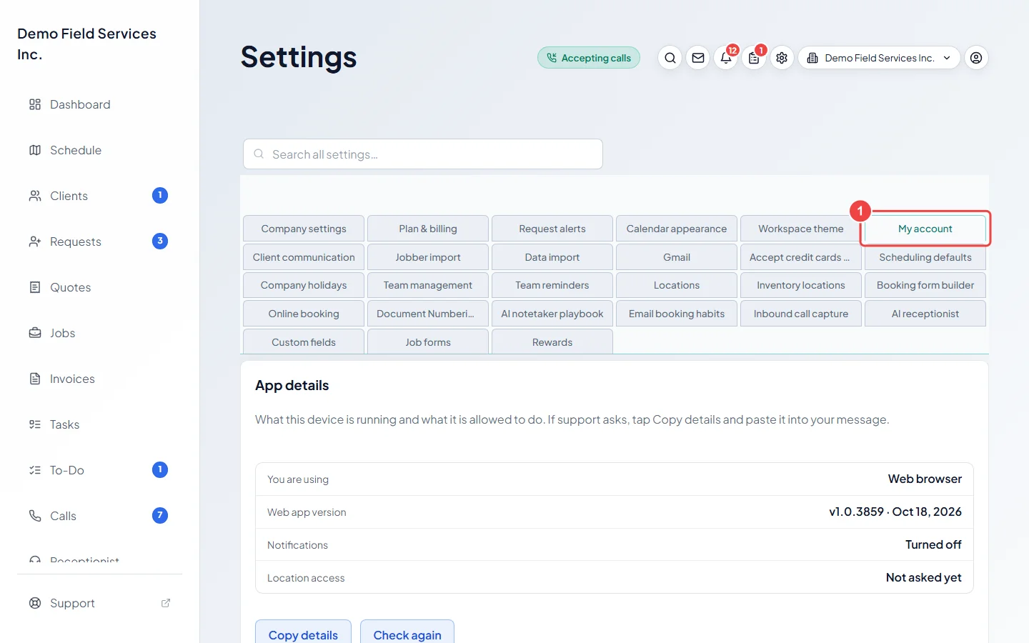 The Settings page with the My account section open