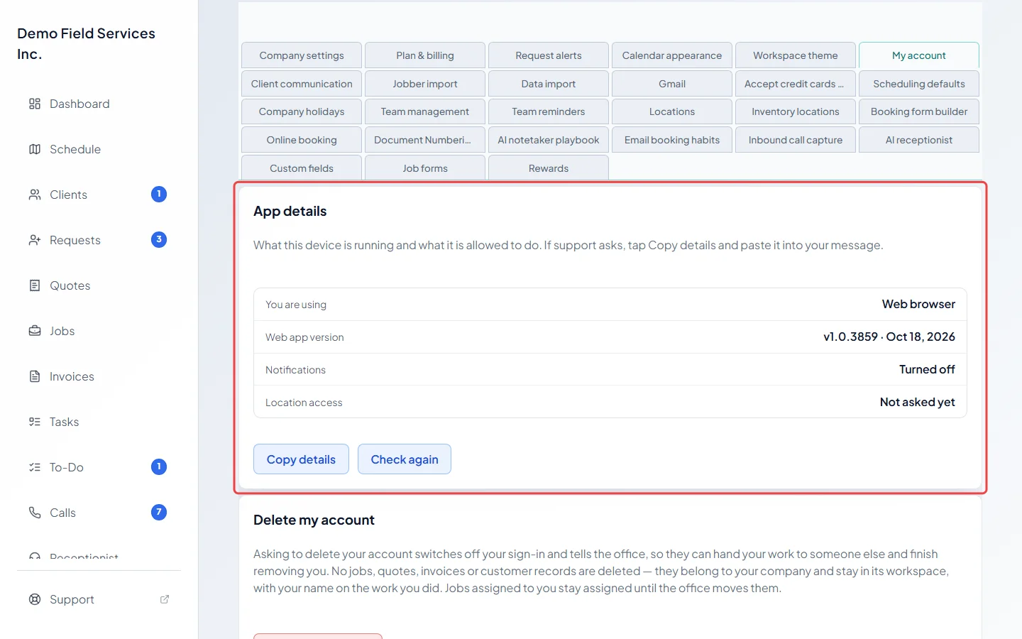 The App details card with Copy details and Check again