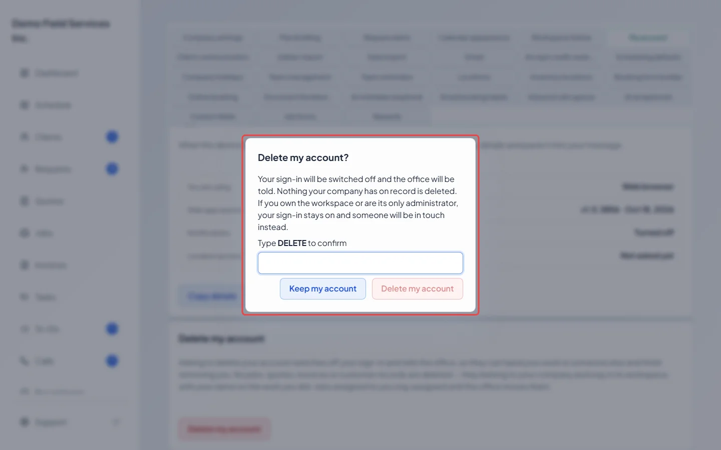 The Delete my account confirmation window with its typing box