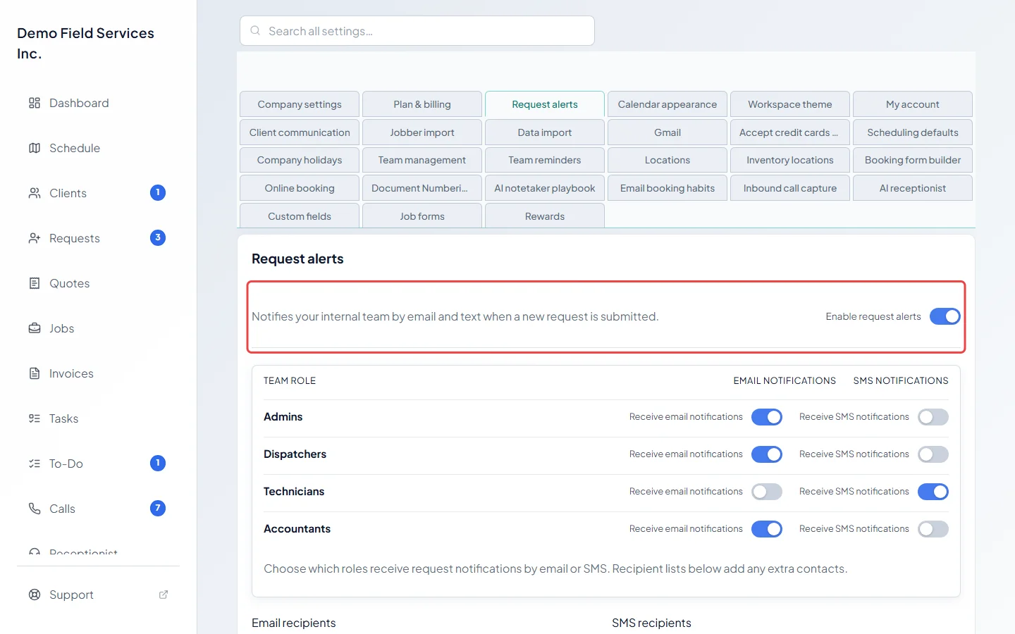 The Request alerts card with the Enable request alerts switch