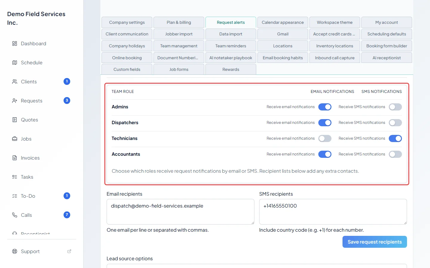 The role table with email and text switches for each role