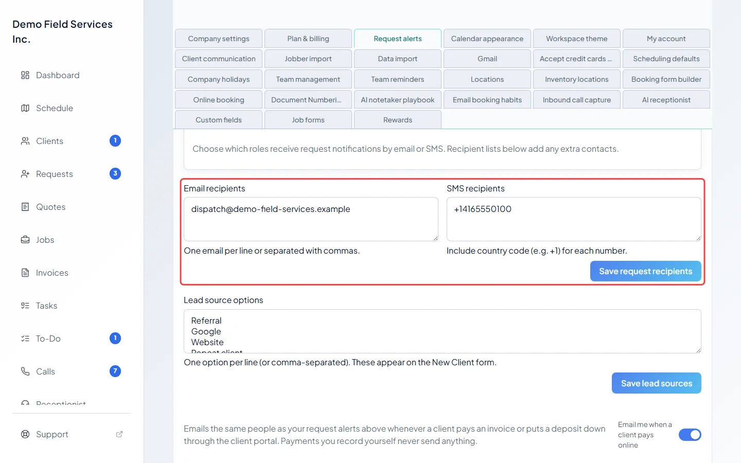 The Email recipients and SMS recipients boxes with the save button