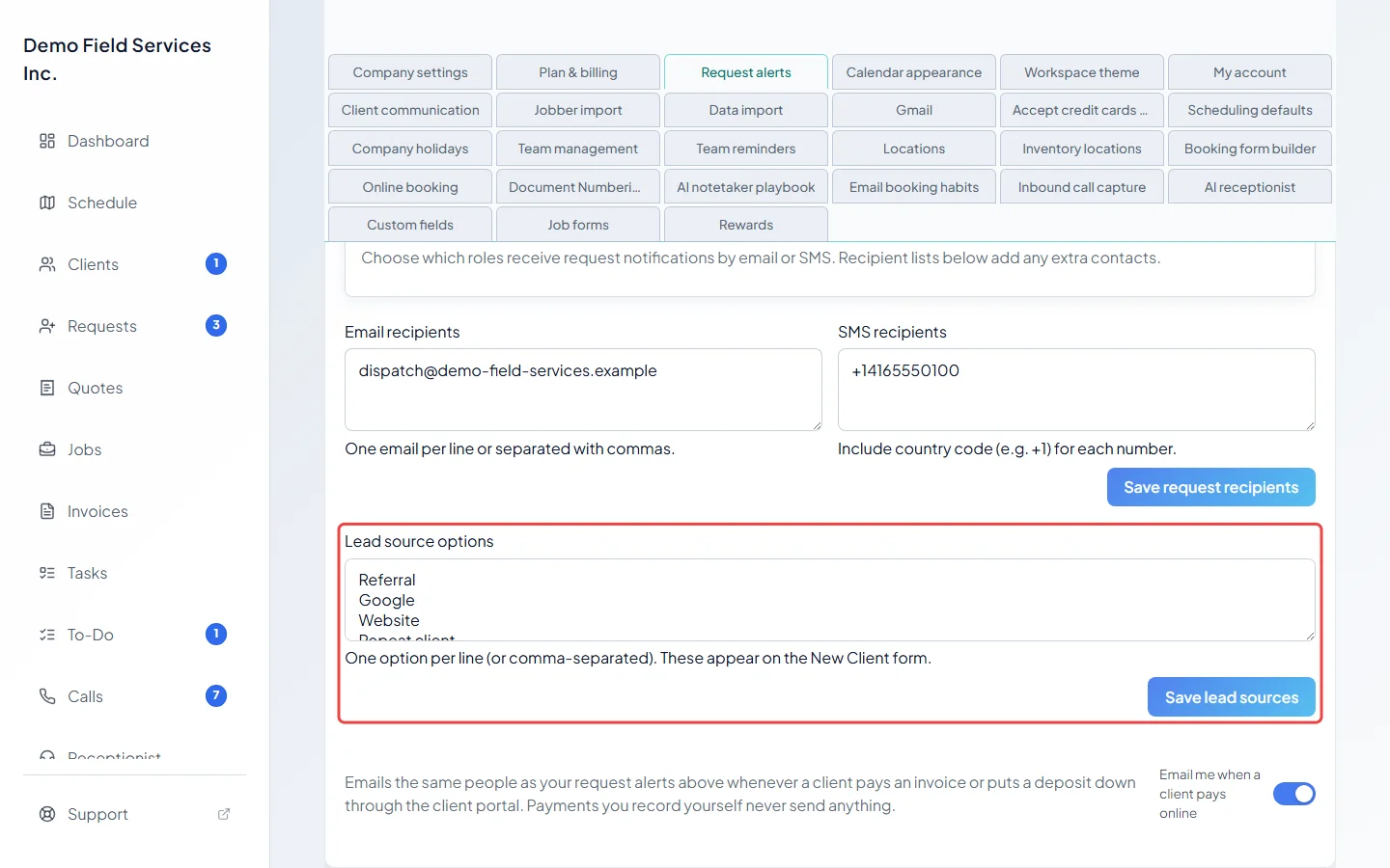 The Lead source options box with its save button