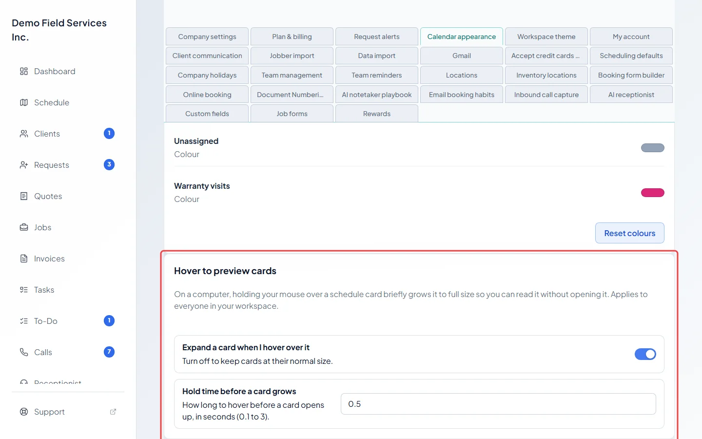 The Hover to preview cards settings with the switch and hold time