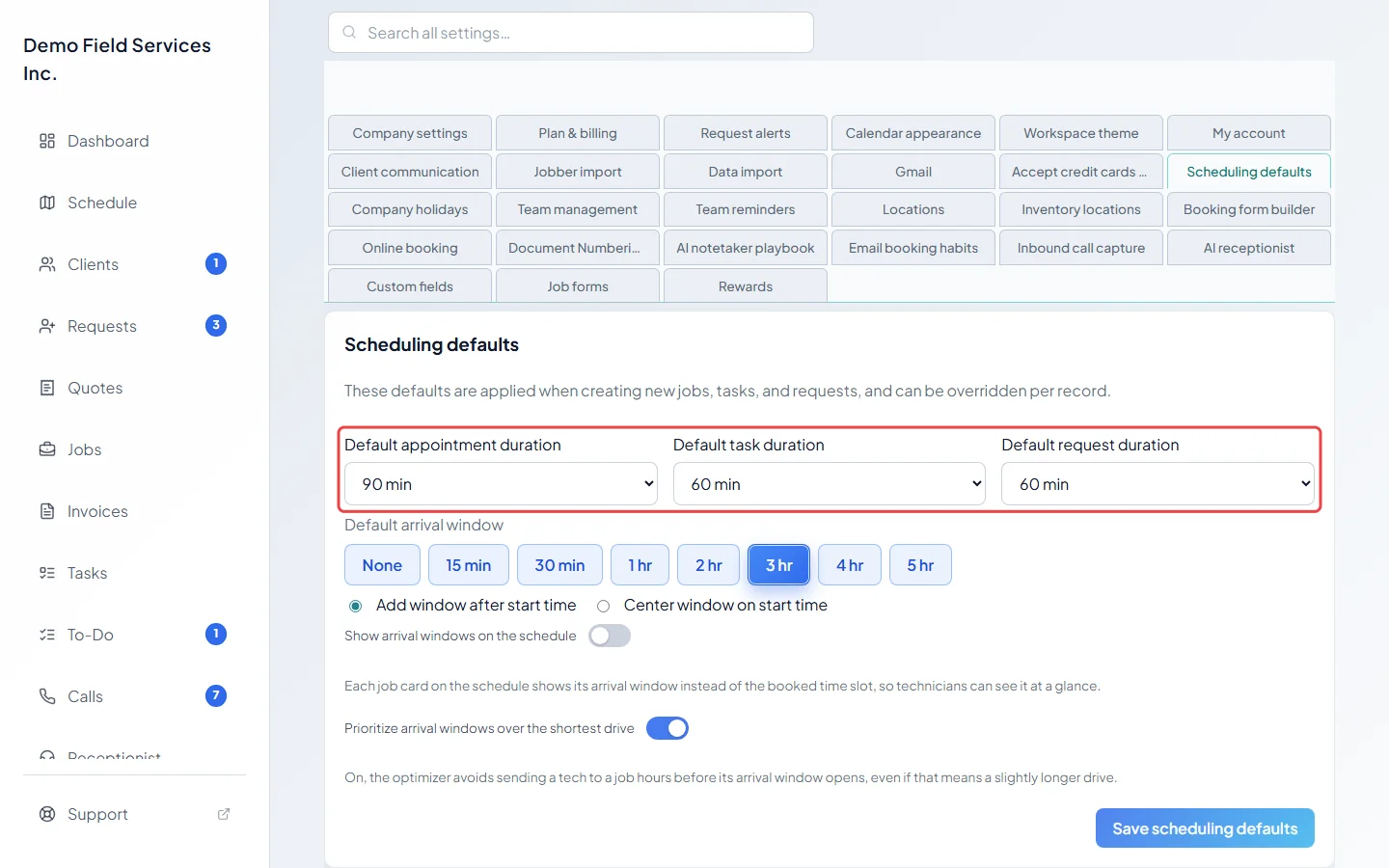The three default duration boxes for jobs, tasks and requests