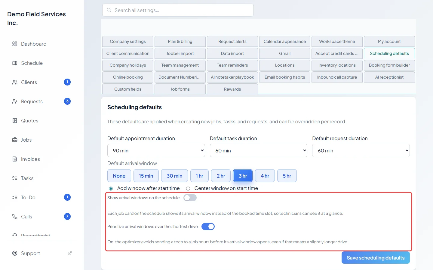 The two arrival window switches for the schedule and the route optimizer