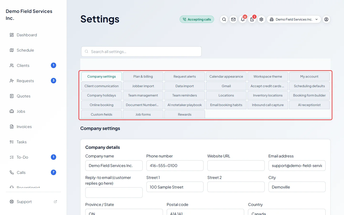The Settings page with its row of section tabs