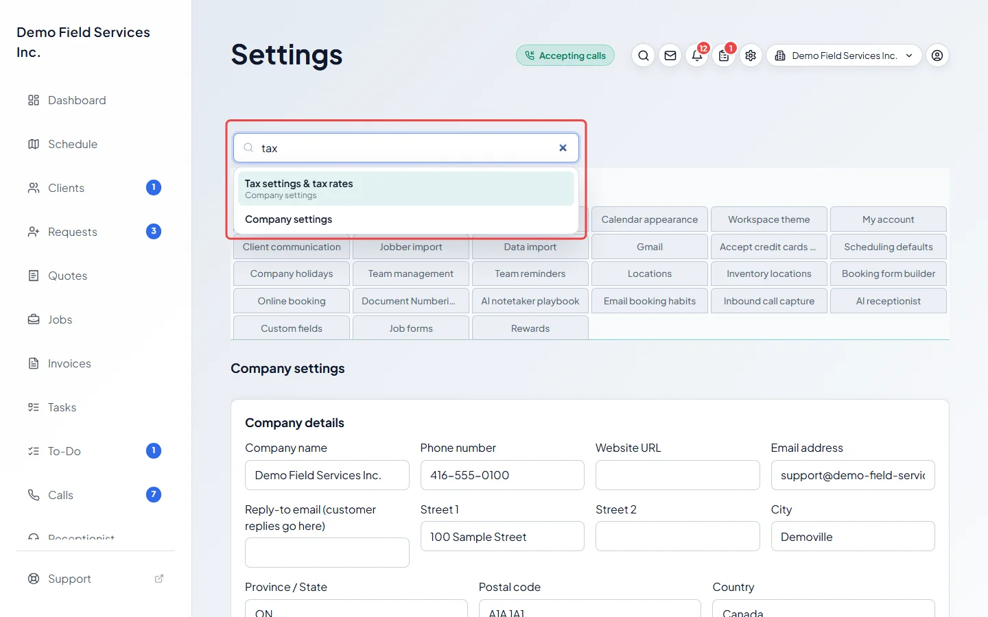 The settings search with tax typed and its results