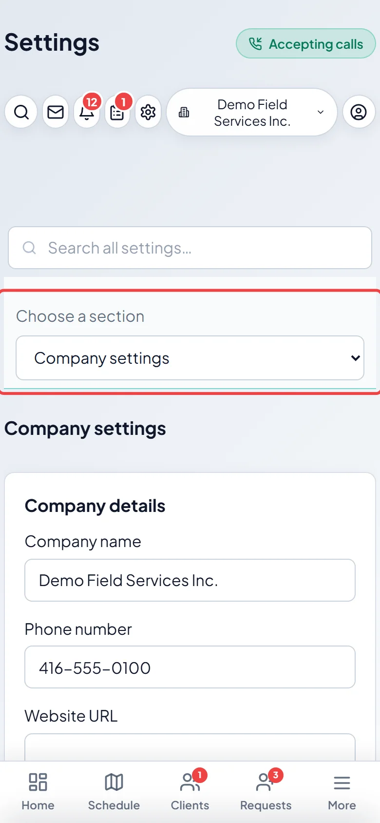 The Choose a section list on a phone-width screen