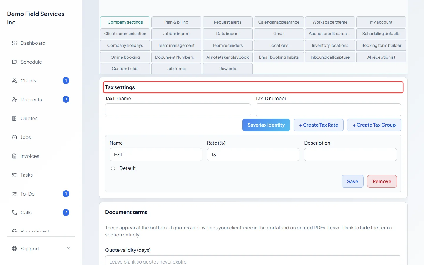 The Tax settings part of Company settings