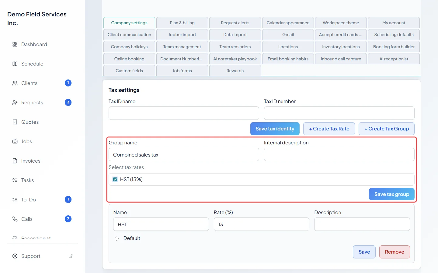 The new tax group form with a rate ticked