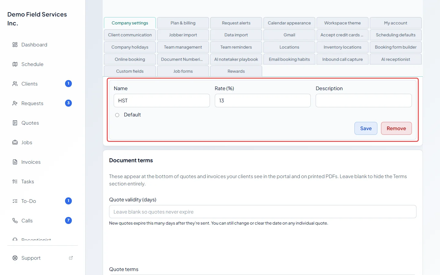 A tax rate row with its Default choice and Save and Remove buttons