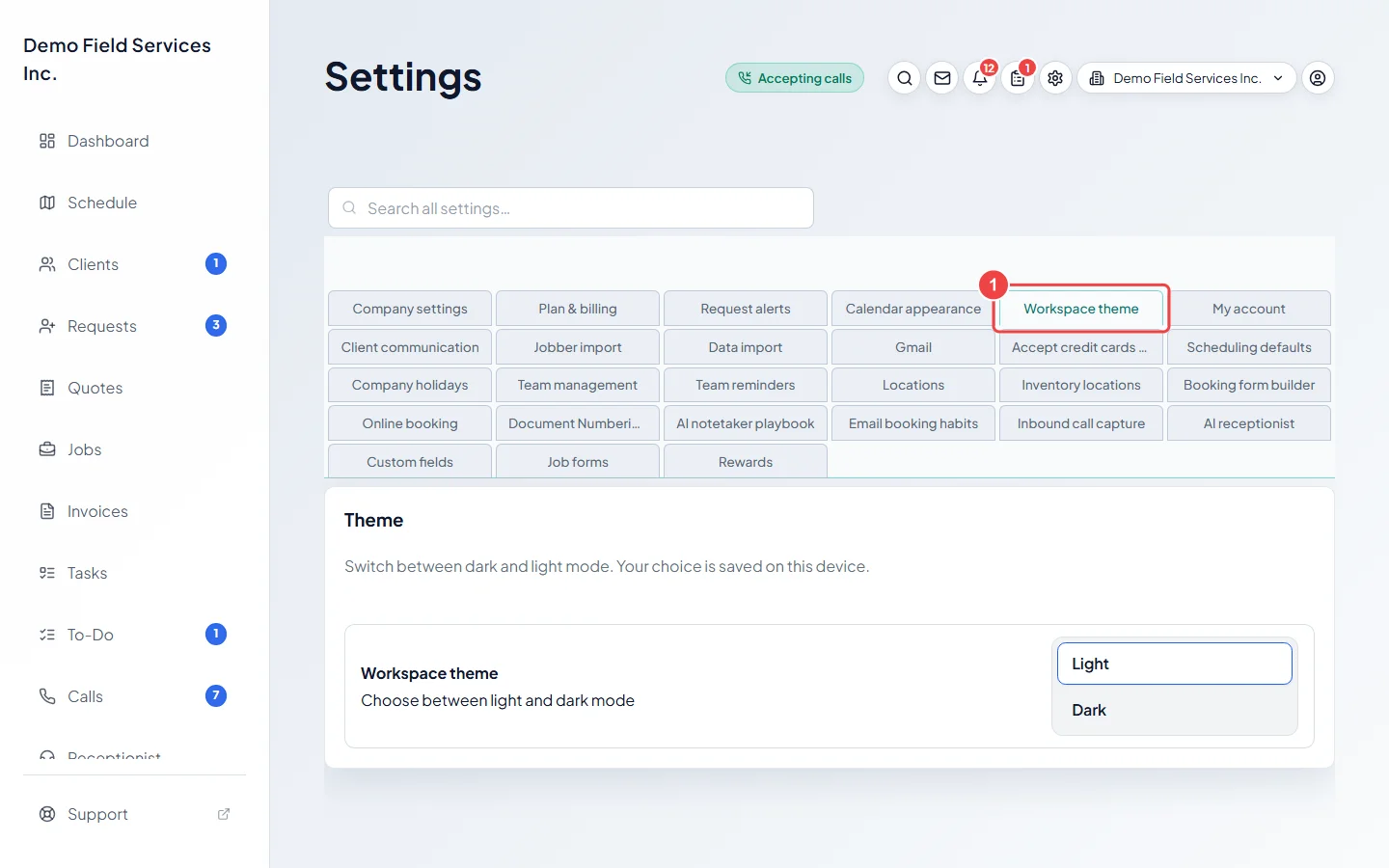 The Workspace theme tab in the Settings section list