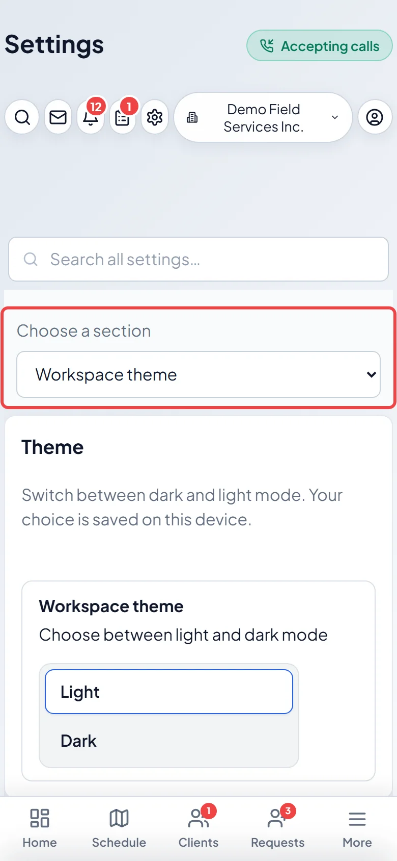 The Choose a section list on a phone with the Theme card below
