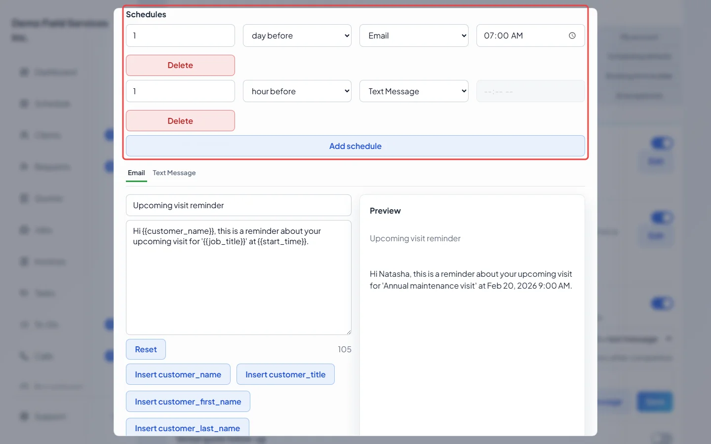 The Schedules rows in the Edit Visit reminder window