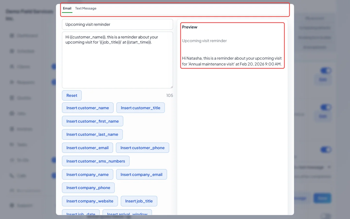 The reminder wording with its Email and Text Message tabs and preview