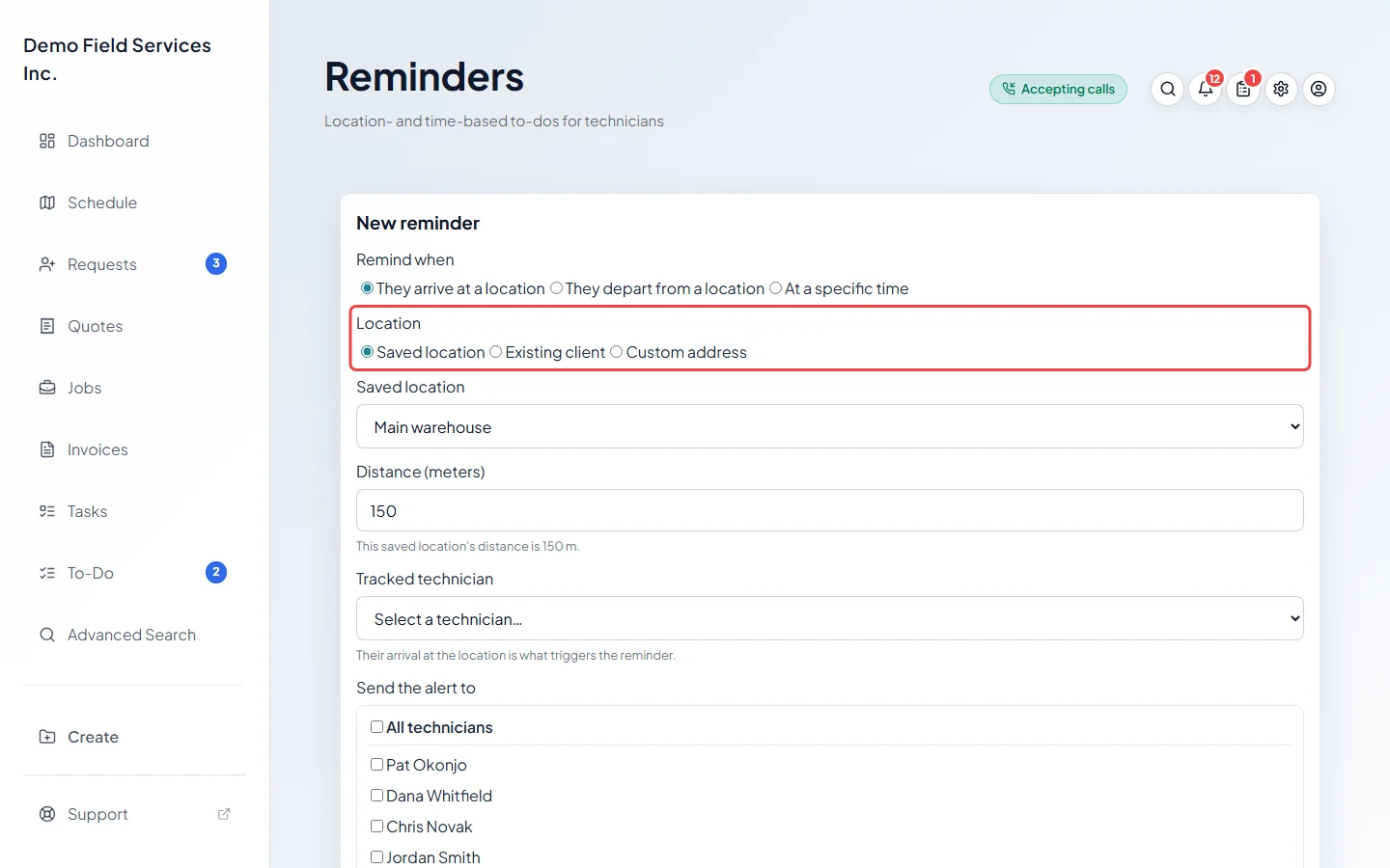 The New reminder form with a saved location picked