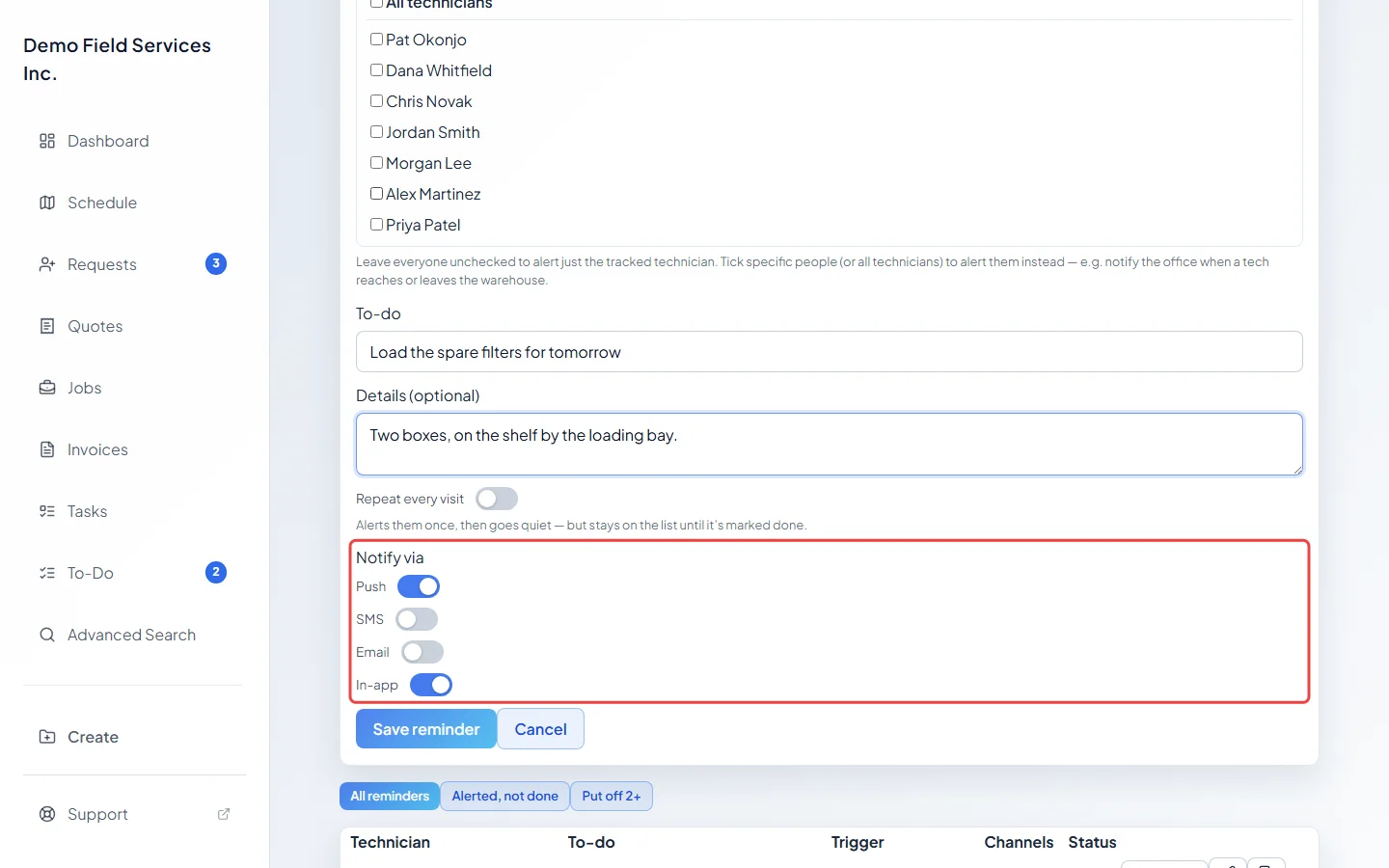 The To-do, Repeat every visit and Notify via settings
