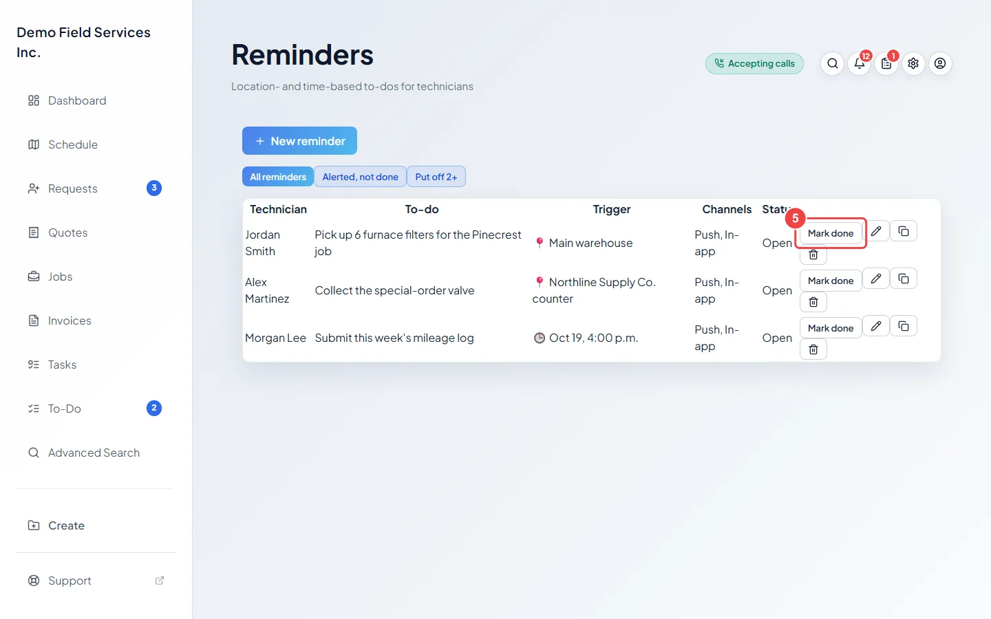 The reminders list with the Mark done button and the filter buttons