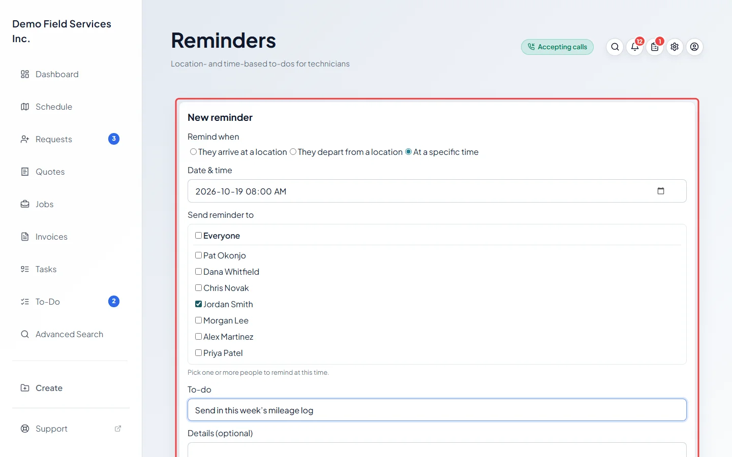 The New reminder form set to At a specific time