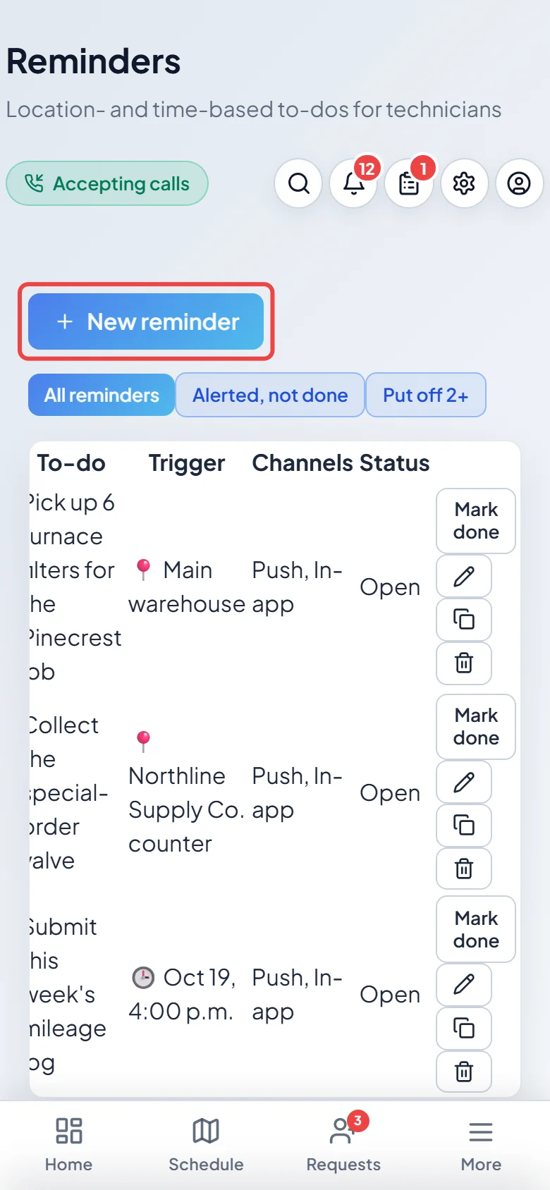The Reminders page on a phone with the New reminder button