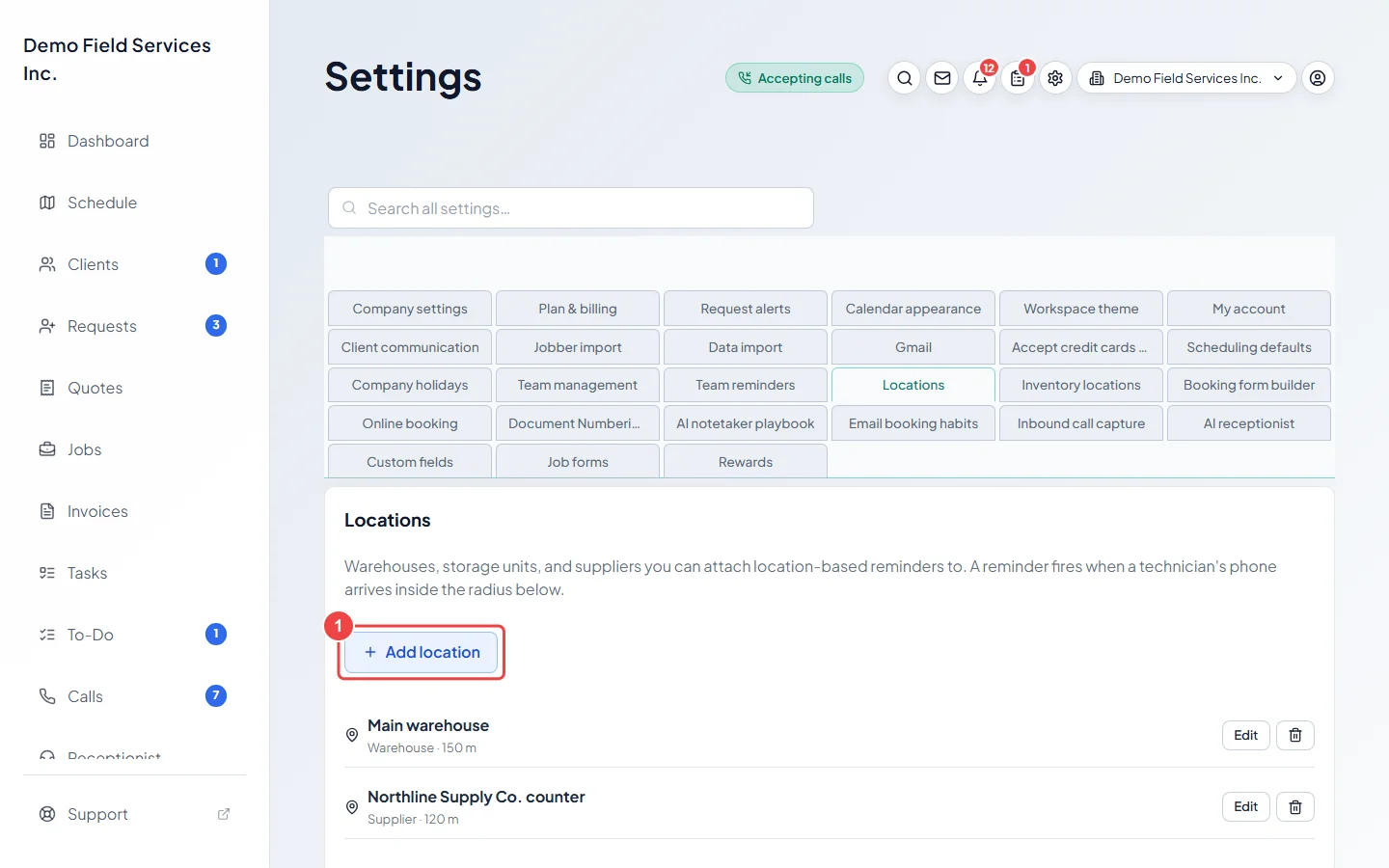 The Locations settings with the saved warehouse and supplier